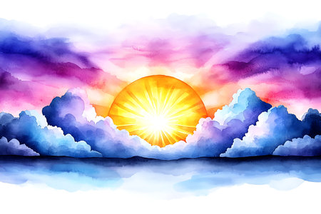 Watercolor landscape with sun and clouds. Hand drawn vector illustration.の写真素材