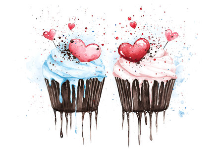 Cupcakes with hearts. Watercolor hand drawn illustration on white backgroundの写真素材
