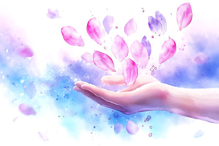 Illustration of hand holding flower petals with watercolor splashesの写真素材