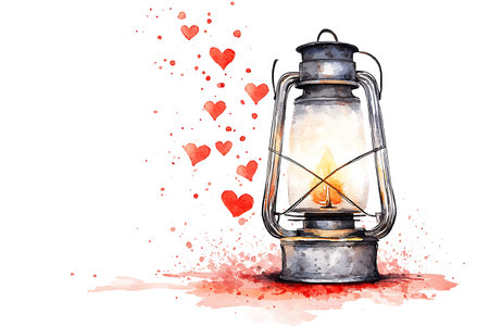 Watercolor illustration of a burning old lamp with hearts on a white background