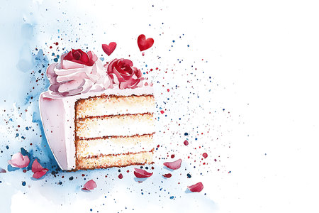 Watercolor illustration of cake with roses and hearts on a white background
