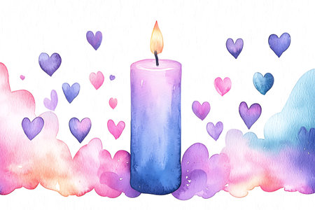 Watercolor valentines day illustration with candle, hearts and cloudsの写真素材