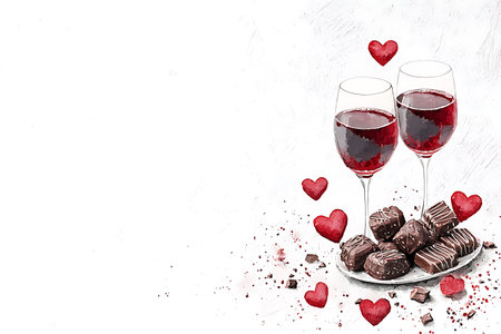 Valentine's day greeting card with two glasses of red wine, chocolate candies and hearts on a white backgroundの写真素材