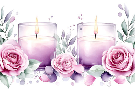 Watercolor candles with pink roses and green leaves on a white backgroundの写真素材