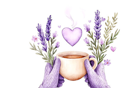 Cup of coffee with lavender flowers. Hand drawn watercolor illustrationの写真素材