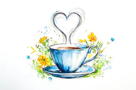 Cup of coffee with heart and flowers. Hand drawn illustration.の写真素材
