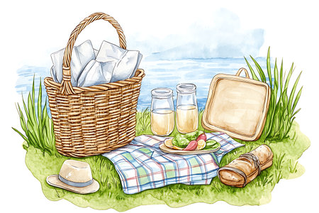 Picnic basket with food and drinks on the grass. Vector illustration.の写真素材