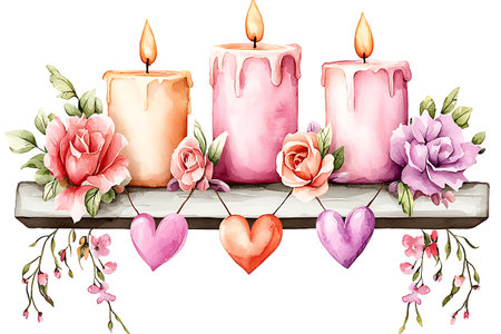 Candles with hearts and flowers. Watercolor illustration on white backgroundの写真素材