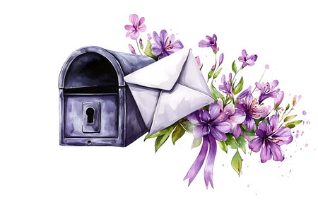 Mailbox with a letter and flowers, watercolor illustration on white backgroundの写真素材