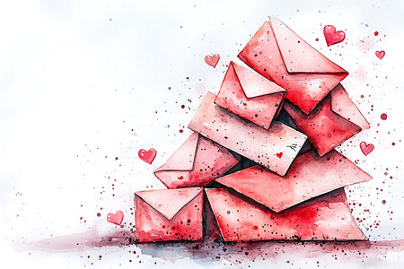 Watercolor illustration of a pile of red envelopes with hearts.の写真素材