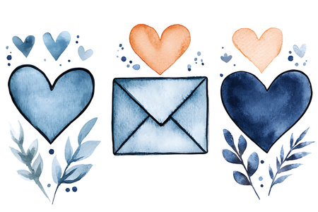 Watercolor set of hand drawn hearts, envelopes and flowers.の写真素材