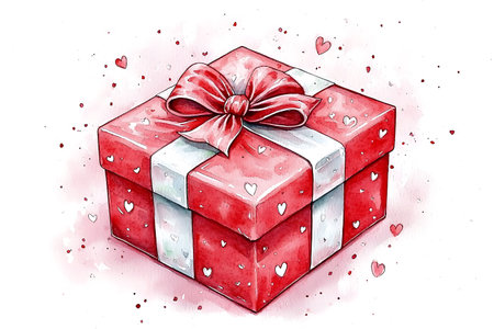 Gift box with red bow. Hand drawn watercolor illustration.の写真素材