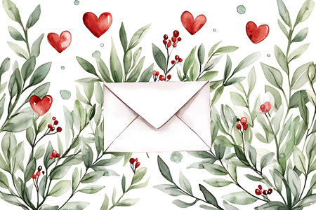 Watercolor valentine's day card with letter, hearts and leaves.の写真素材