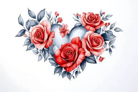 Heart with roses and leaves. Valentines day card. Vector illustration.の写真素材