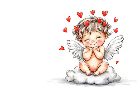 Cupid sitting on a cloud with hearts. Valentine's day illustration.の写真素材