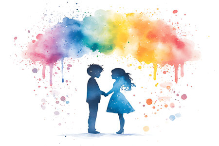 Couple in love on colorful watercolor background. Vector illustration.の写真素材