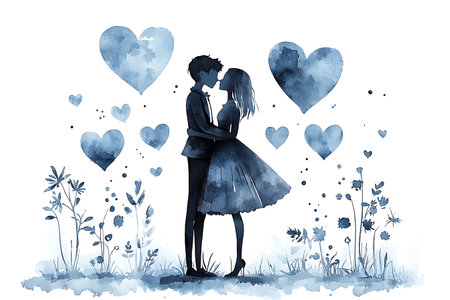 Lovely couple in love on a background of hearts, watercolor illustrationの写真素材