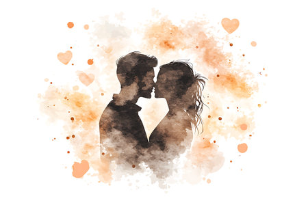 silhouette of a loving couple on a white background with watercolor splashesの写真素材