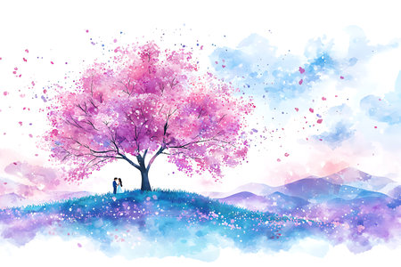 Cherry blossom sakura background. Watercolor hand drawn illustrationの写真素材