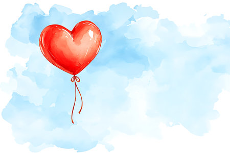 Illustration of a red heart-shaped balloon on a blue watercolor backgroundの写真素材
