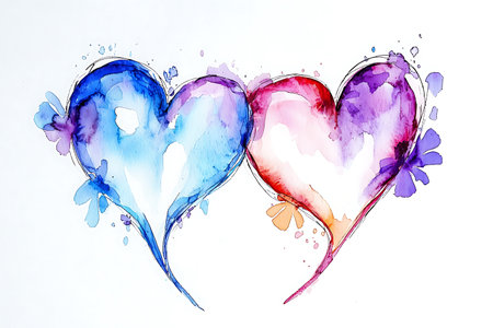 Two hearts with watercolor paint splashes on a white background.の写真素材