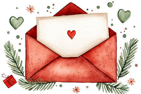 Watercolor Christmas greeting card with envelope, letter and hearts. Hand drawn illustrationの写真素材