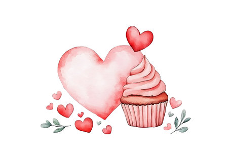 Watercolor valentine cupcake with heart and leaves isolated on white backgroundの写真素材