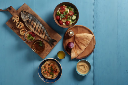 Fried fish with vegetables and hummus on a blue wooden backgroundの写真素材