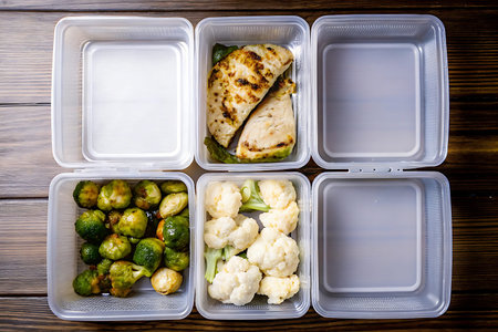 Healthy food in lunch boxes on wooden table. Top view.