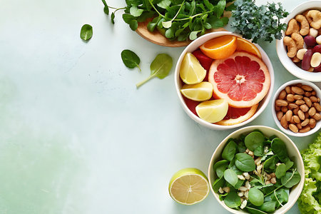 Healthy food background with fruits and vegetables. Top view with copy spaceの写真素材