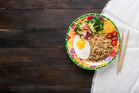Bowl of buckwheat porridge with fried egg and vegetables on wooden backgroundの写真素材