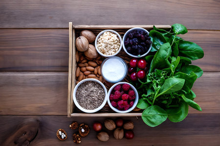 Healthy food ingredients in wooden box on wooden background. Top view.の写真素材