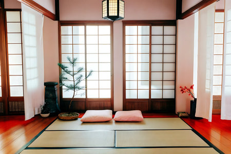 Japanese style room with big window and tatami mat, stock photoの写真素材