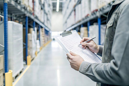 Close-up of male worker writing on clipboard in warehouse. This is a freight transportation and distribution warehouse. Industrial and industrial workers conceptの写真素材