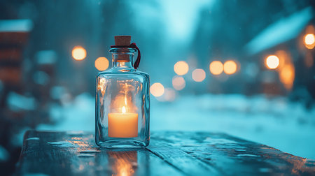 Candle in a glass jar on a wooden table in the snowの写真素材