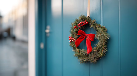 Christmas wreath hanging on door of house, closeup. Festive decorationの写真素材