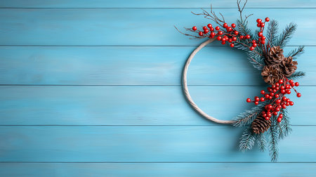 Christmas wreath on blue wooden background. Top view with copy spaceの写真素材