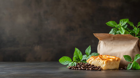 Coffee beans and homemade pie on dark background with copy space