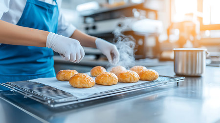 Close-up of the hands of a female confectioner in a white uniform and sterile gloves are baking croissants.の写真素材