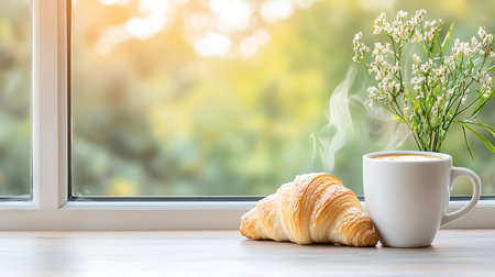Cup of coffee and croissant on the windowsill in the morning.の写真素材