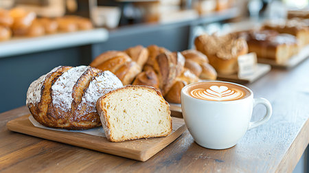 Coffee and bread on wood table in coffee shop, stock photo