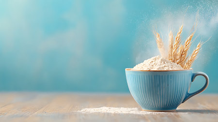 Wheat flour in a blue cup on a blue background. Copy space.の写真素材