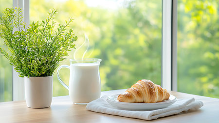 Breakfast with coffee and croissant on table in front of windowの写真素材