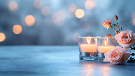 Burning candles and roses on table against bokeh lights backgroundの写真素材