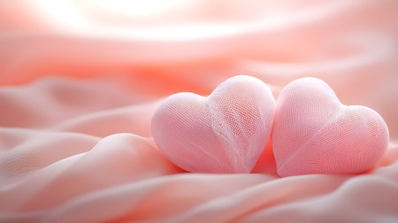 Two white hearts on a soft pink silk background. Valentine's Day concept.