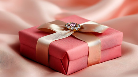 Gift box with gold ring on satin background, closeupの写真素材