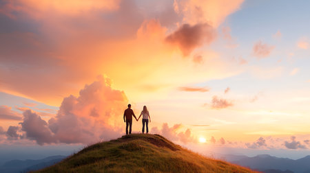 Silhouette of man and woman holding hands on top of the mountain at sunsetの写真素材