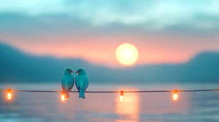 Two birds on a rope in the sea at sunset. Beautiful background