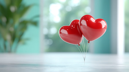 Two red heart shaped balloons on white marble floor, 3d render