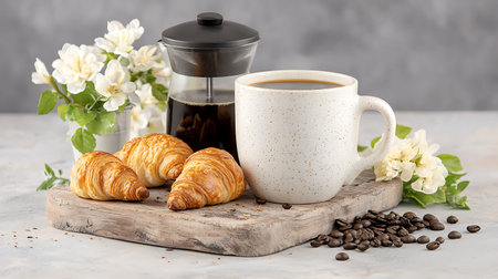 Coffee, croissants and jasmine flowers on wooden board